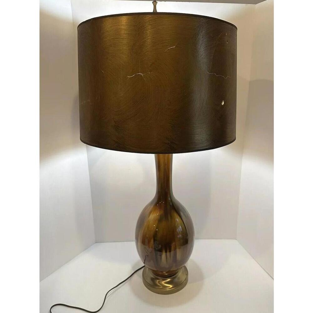 Vintage Brown Green Lava Glazed Table Lamp Mid Century‎ Modern 32” Large